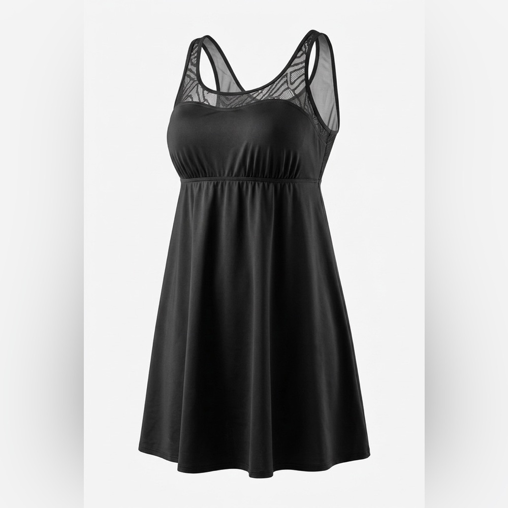 Black Mesh-Trim A-Line Swimdress